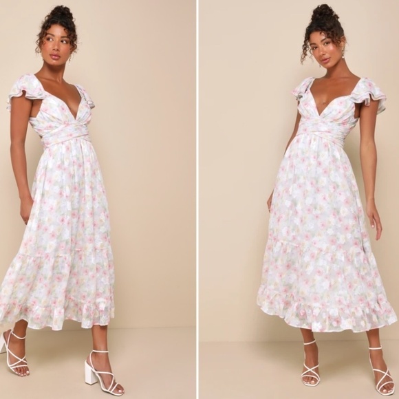 LULU's Prom Wedding Flowy Romantic Floral Ruffle Corset Tie Back Midi Dress NWOT - Picture 2 of 4